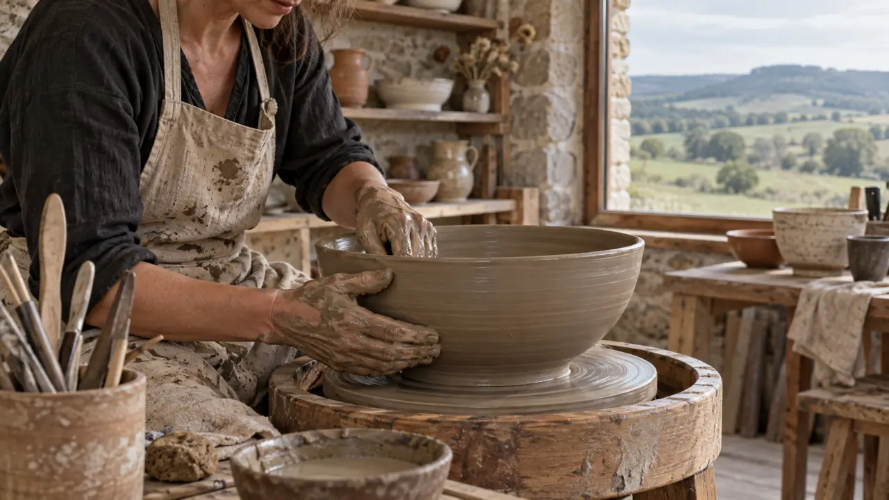 Poterie artisanale dans un atelier de l'Aubrac, pièces en grès et outils de façonnage