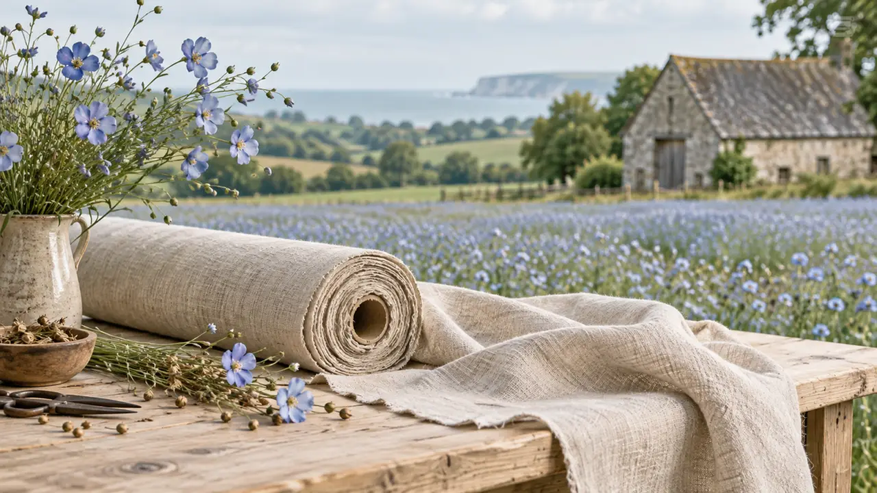 Épis de lin en fleurs dans un paysage normand, sous une lumière douce