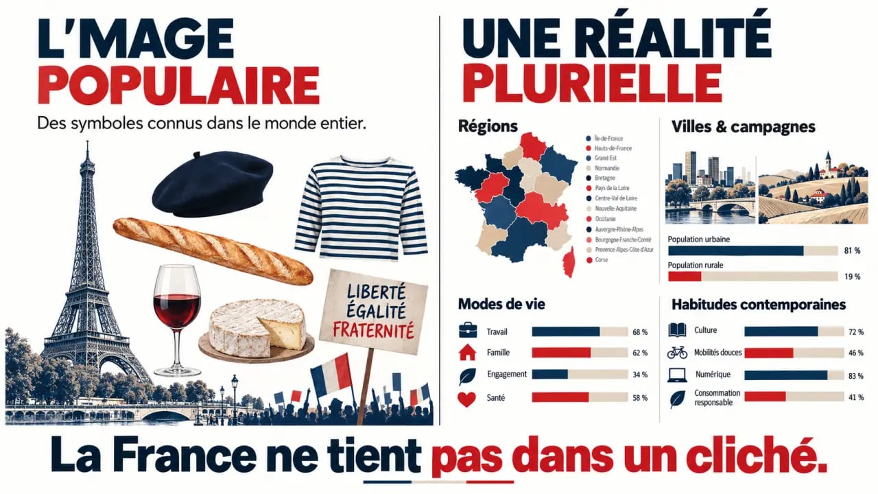 Infographie sur le cliché français entre baguette, béret, gastronomie et réalités régionales