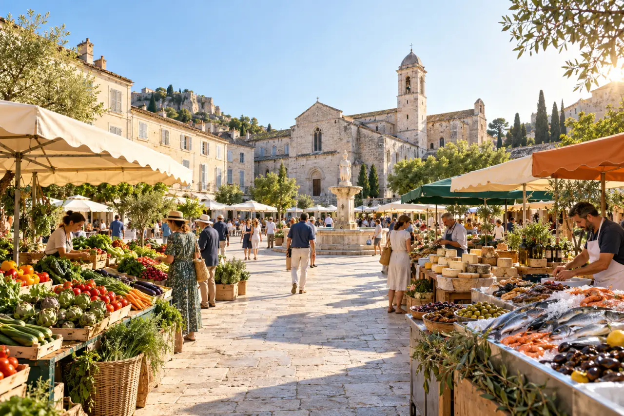 Mercati in Francia : marché français en plein air avec produits régionaux