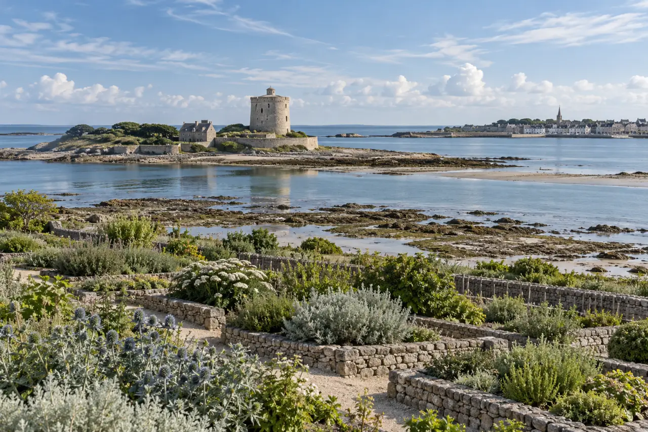 Île normande de Tatihou avec la tour Vauban, les jardins et le littoral