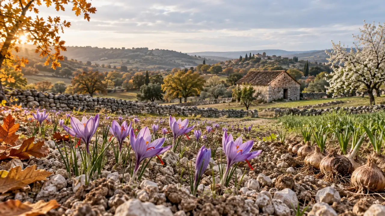 Fleurs de safran mauves dans un champ du Quercy à l’automne