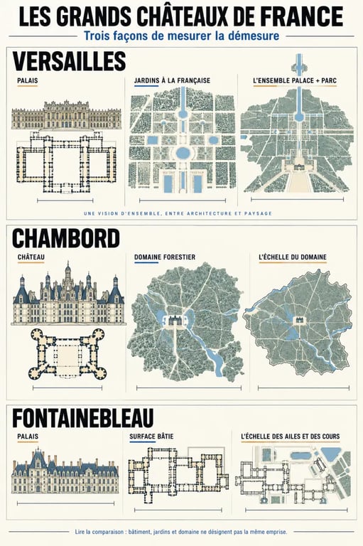 Infographie comparative sur les plus grands châteaux de France, dont Versailles, Chambord et Fontainebleau
