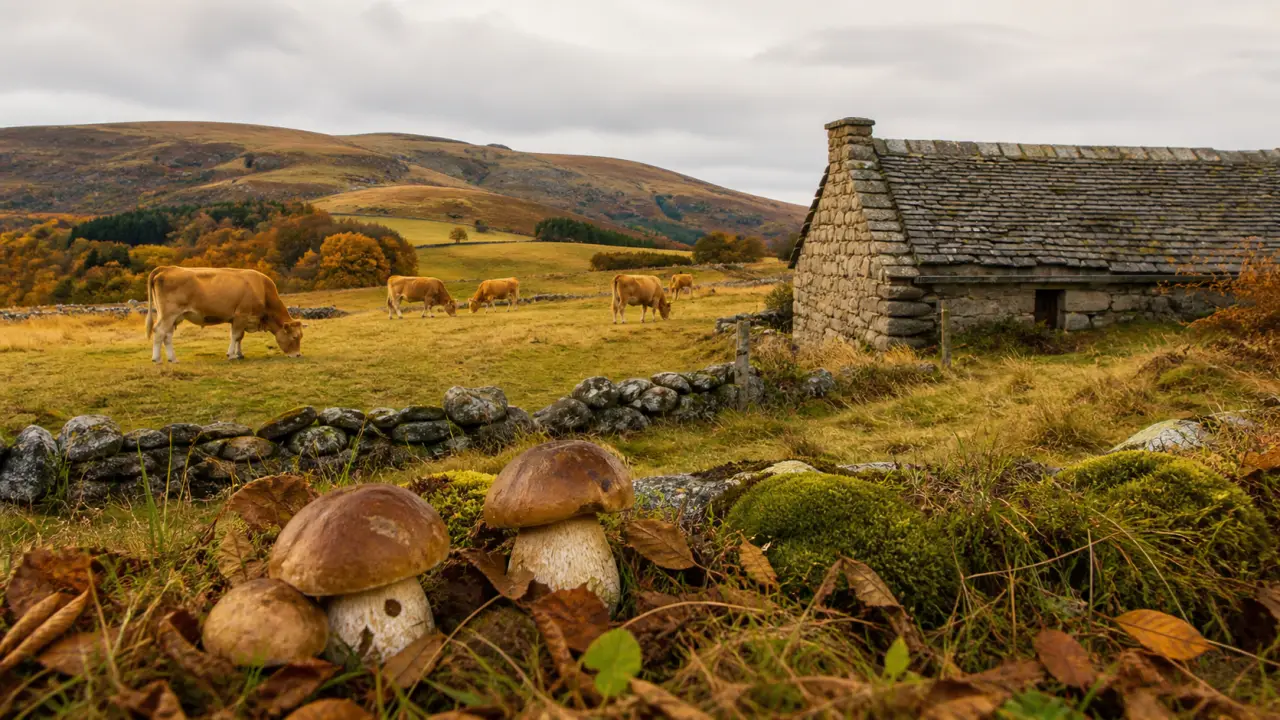 Paysage d’automne sur le plateau de l’Aubrac, lumière dorée et prairies balayées par le vent