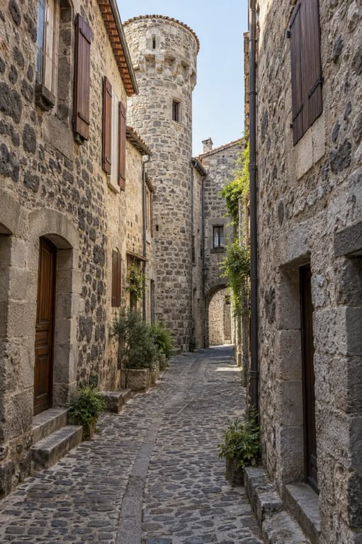 Auvergne villes villages : rue d’un village fortifié du Pays d’Issoire