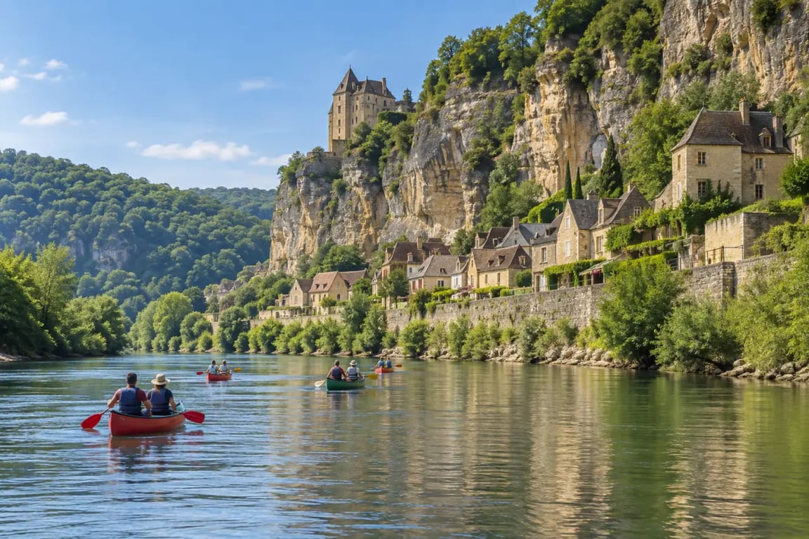 Département de la Dordogne tourisme : canoë sur la rivière au pied des falaises