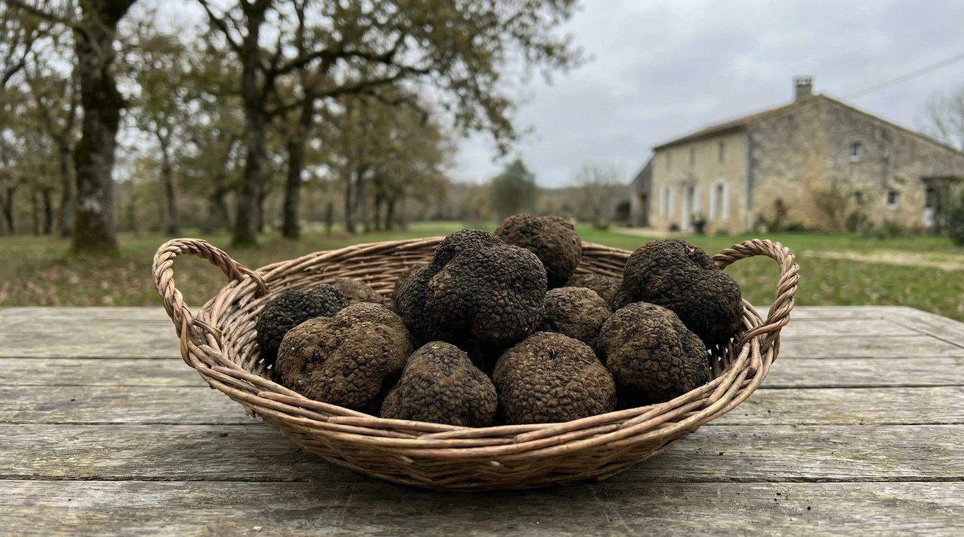Panier de truffes noires en forêt