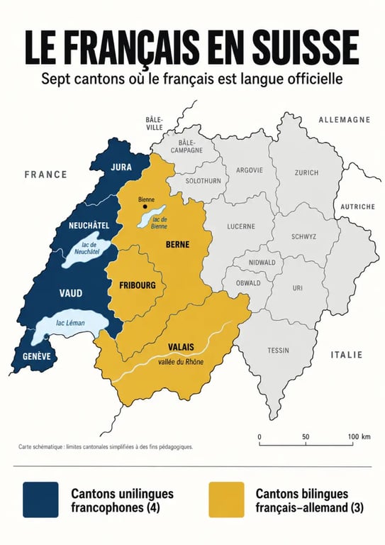 Carte infographique des cantons francophones de Suisse et des cantons bilingues