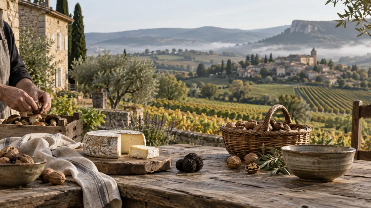 Paysage de vignobles français dans la brume au lever du soleil