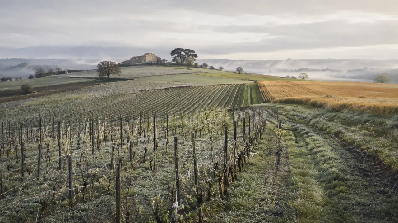 Paysage de terroir français au lever du jour, entre vignes, brume et lumière dorée