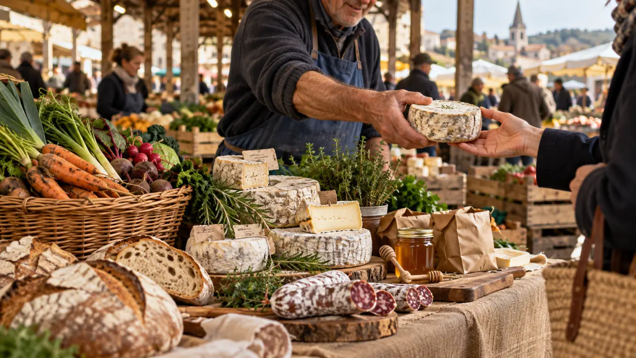 Étal de marché présentant des produits régionaux français