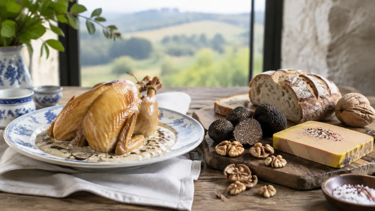Paysage éditorial de terroir français au lever du soleil, ambiance douce et élégante