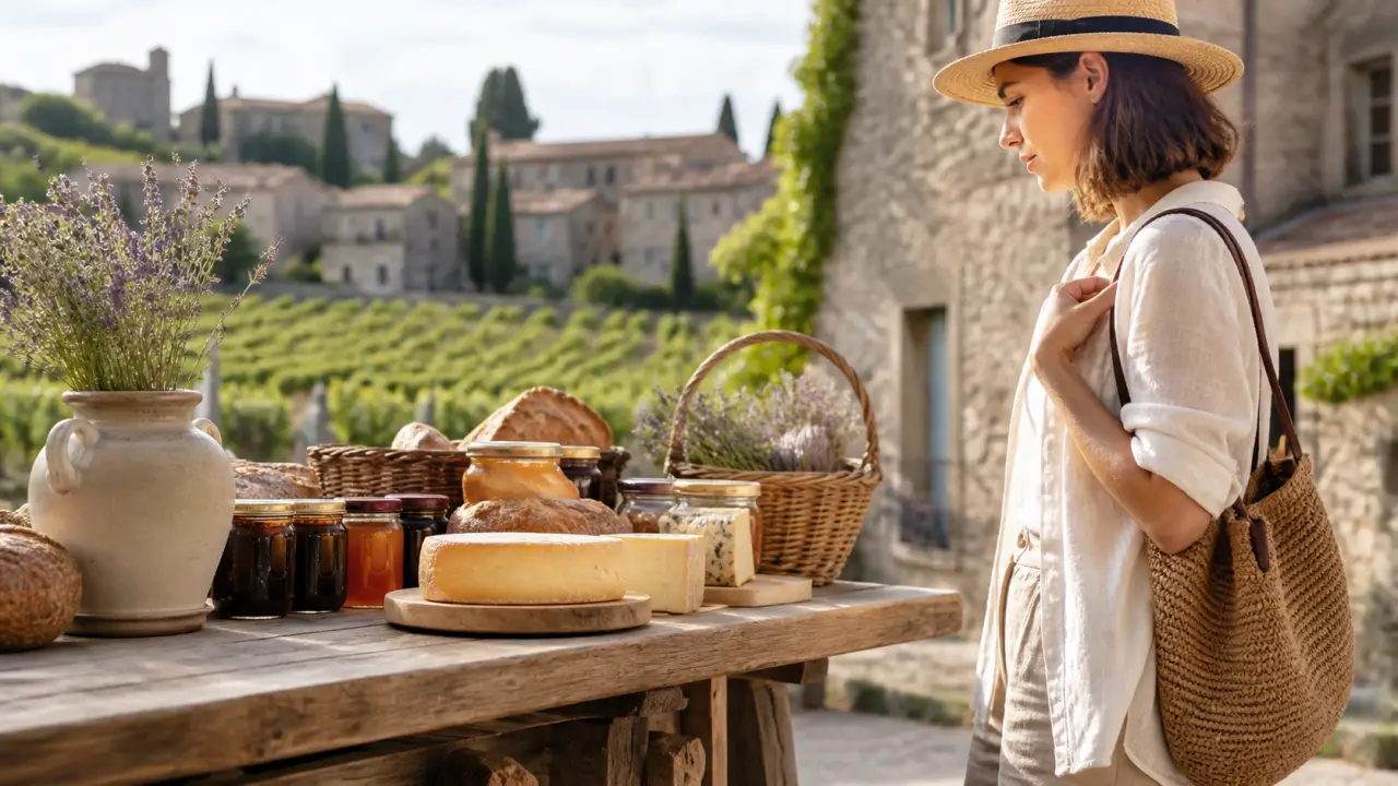 Paysage de terroir français avec lumière douce et atmosphère authentique