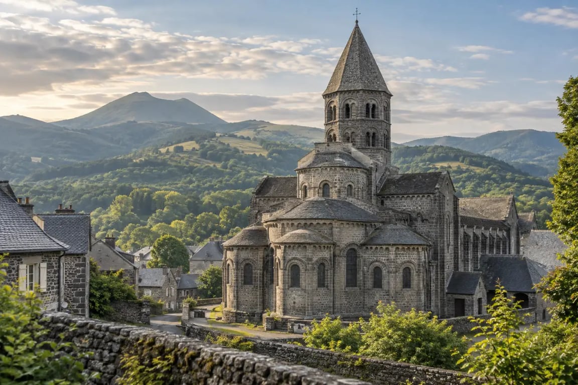 Auvergne villes villages : basilique romane d’Orcival dans un paysage de montagne