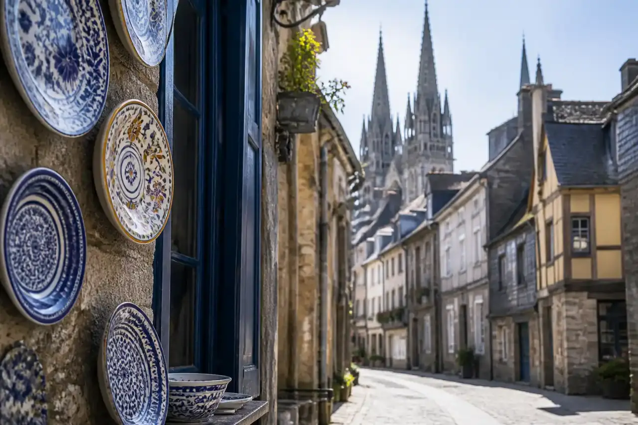 Photographie éditoriale de céramiques de Quimper dans une lumière douce