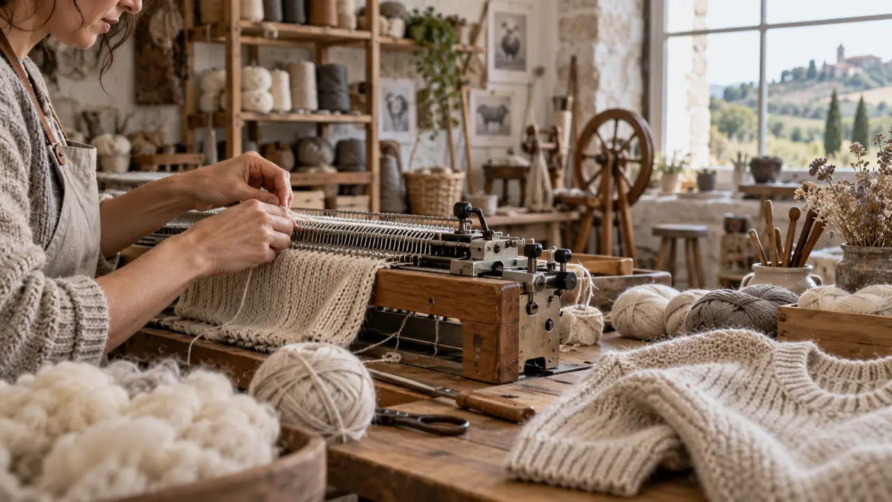 Pelotes de laine et pull en maille dans un atelier artisanal du Tarn