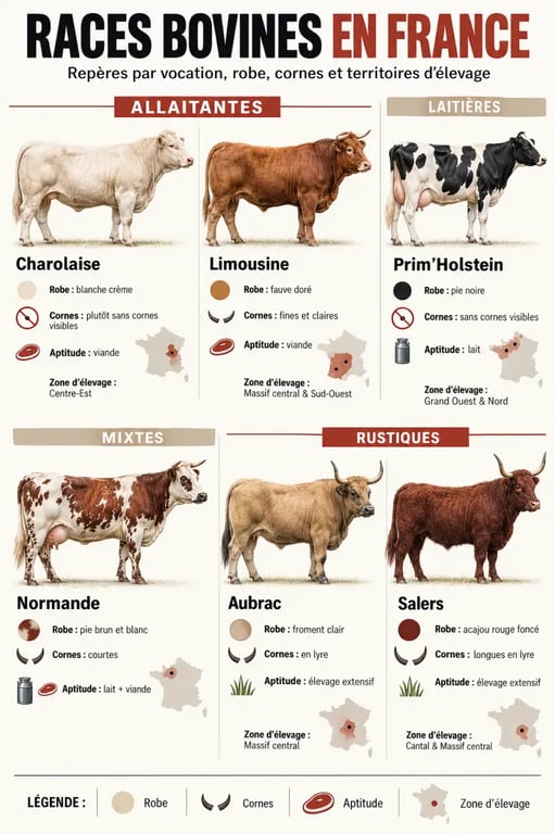 Infographie des principales races de vaches en France classées par aptitude et région