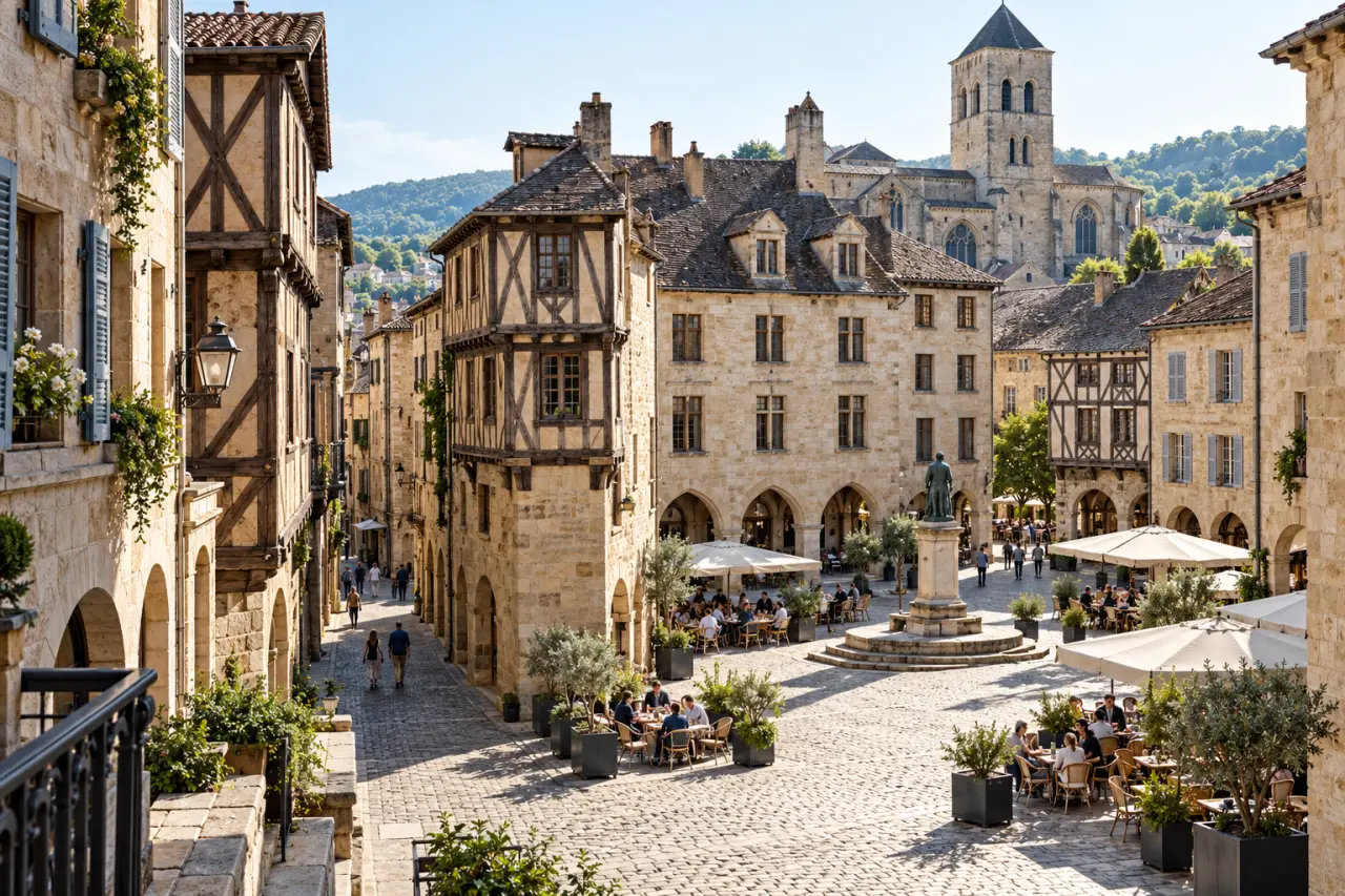 Figeac Lot tourisme : vue du centre historique médiéval et de la place Champollion