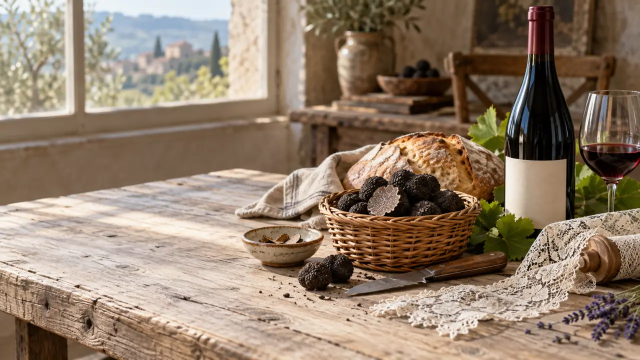 Paysage français de terroir au lever du jour, entre vignes, collines et brume légère