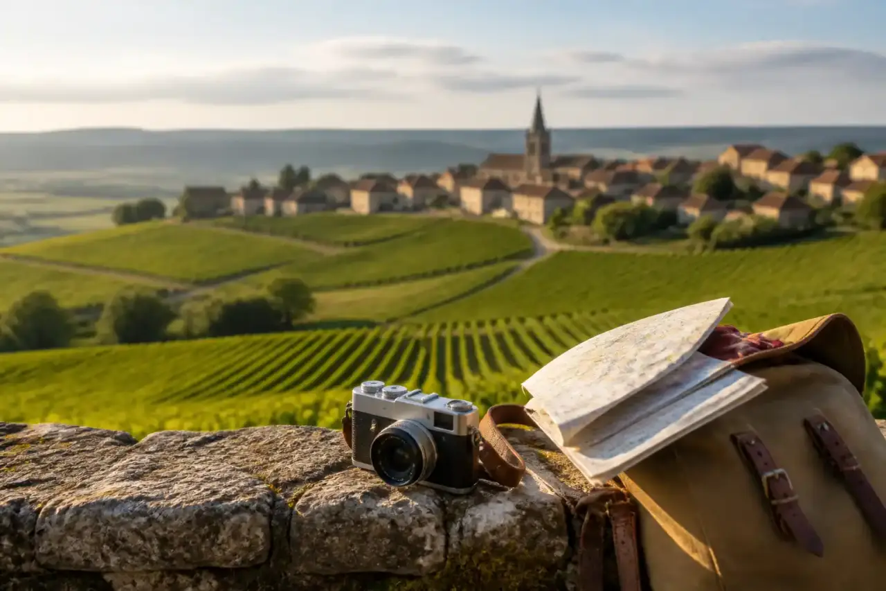 Paysage brumeux de terroir français au lever du soleil