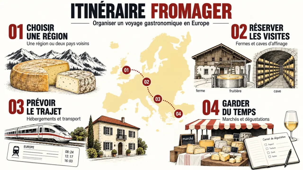 Organisation d’un voyage gastronomique à la découverte des fromages régionaux européens en quatre étapes