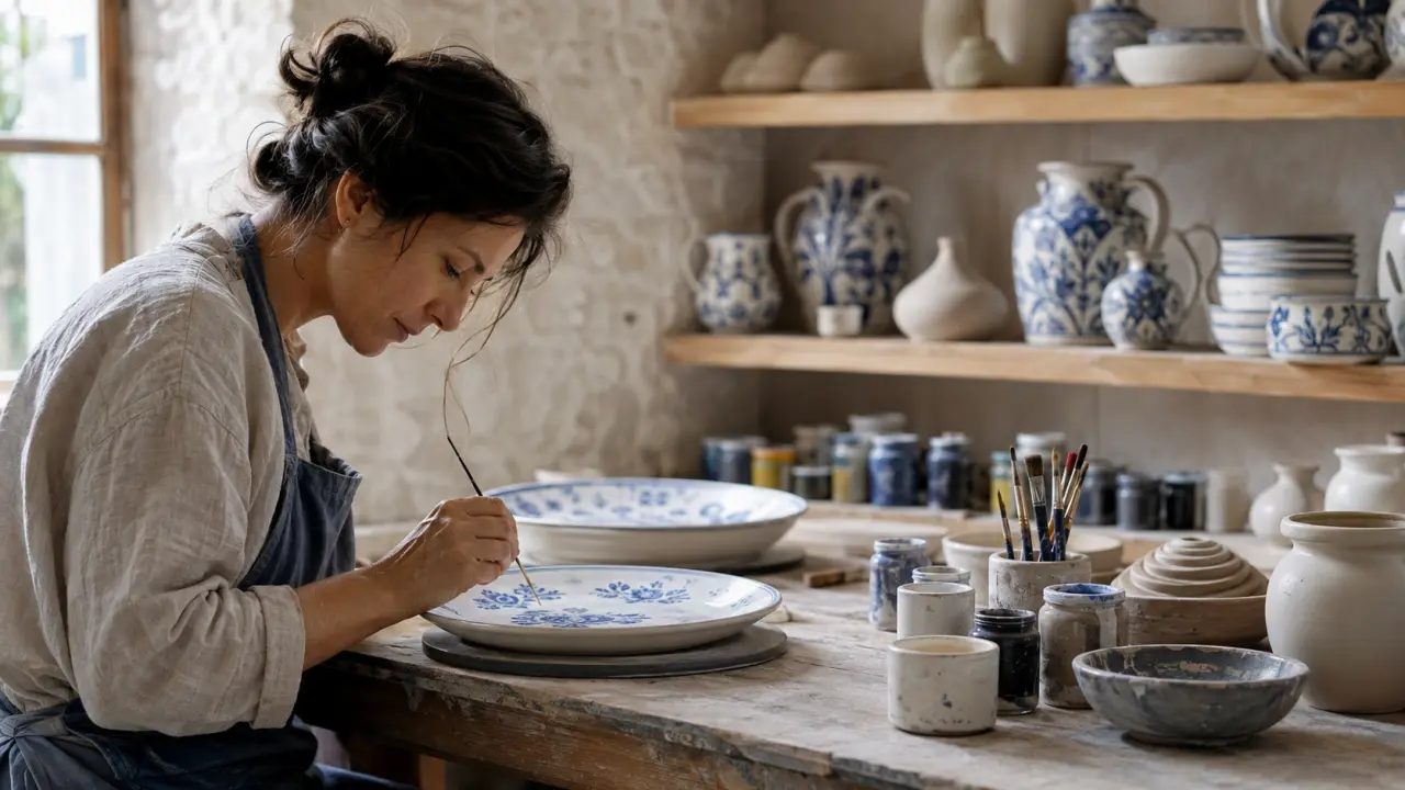 Faïencière peignant à la main une assiette décorée dans un atelier de Moustiers