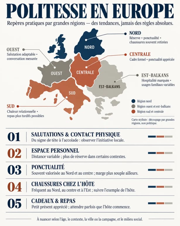 Infographie sur les différences de coutumes de politesse selon les régions d’Europe