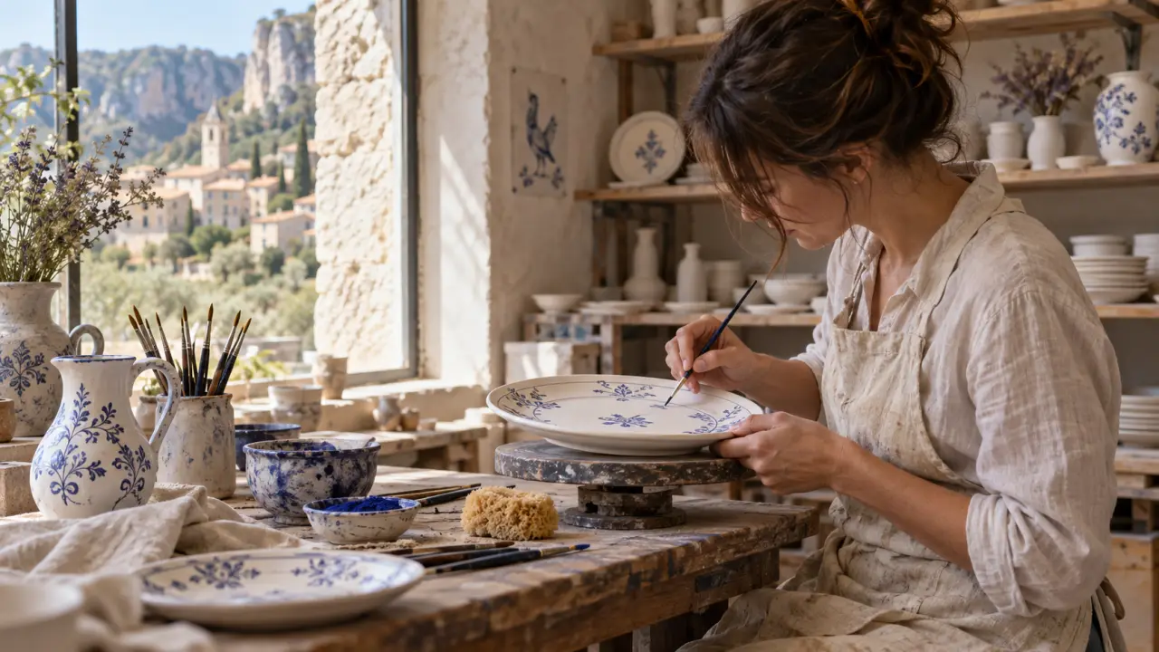 Faïencier peignant un décor délicat dans un atelier de Moustiers-Sainte-Marie