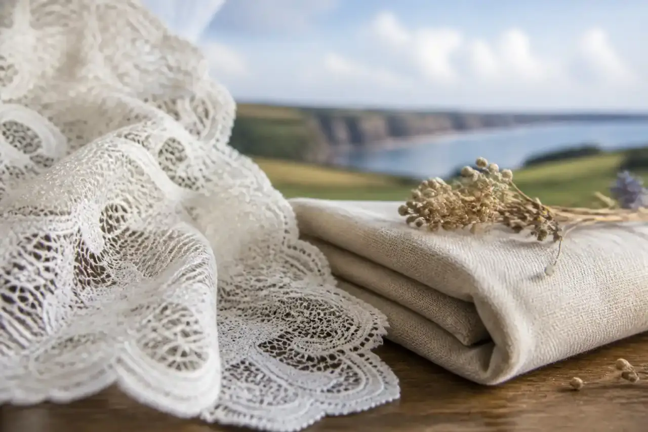 Photographie éditoriale évoquant la dentelle de Calais et la noblesse du lin normand