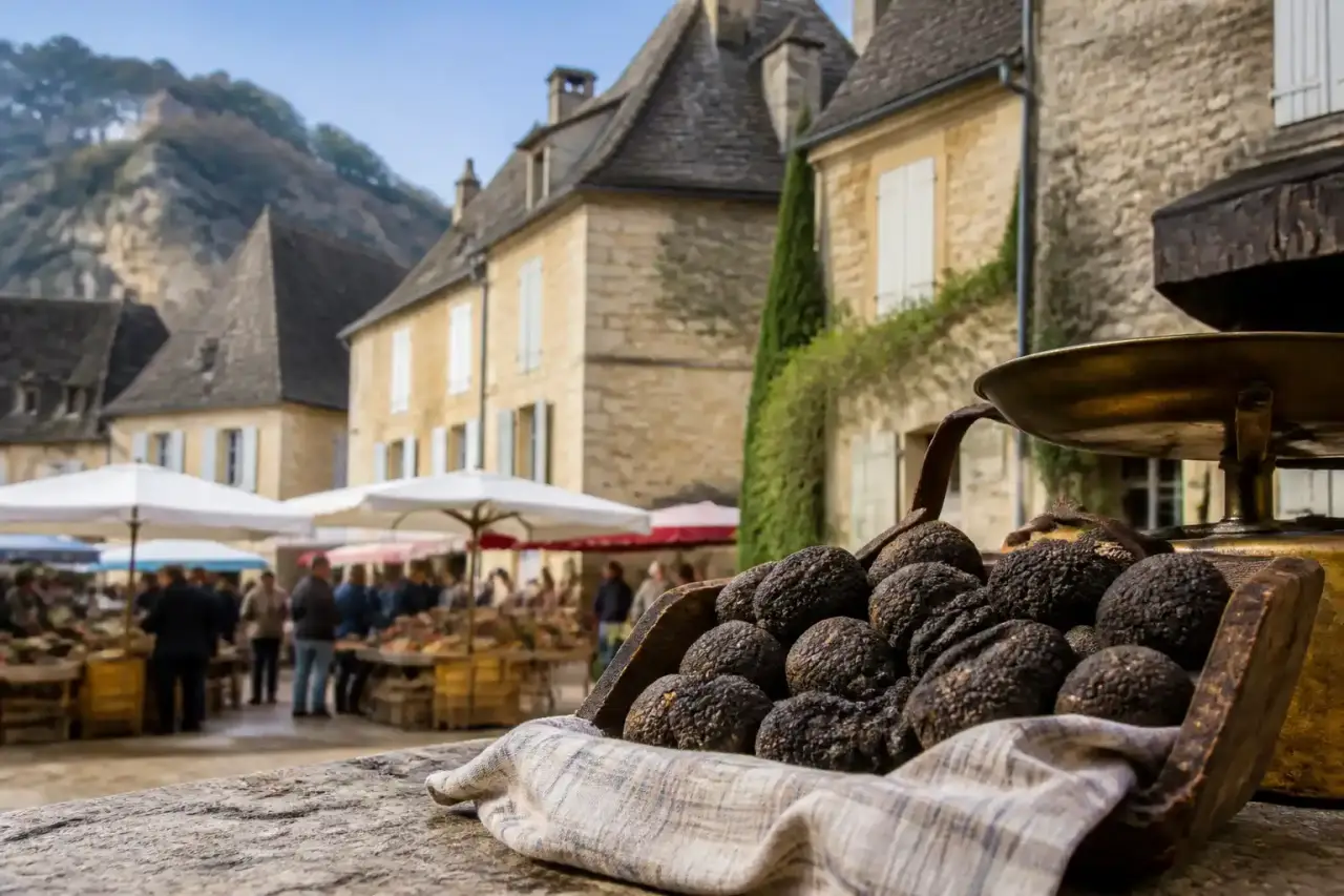 Paysage éditorial du Périgord noir entre marchés de village et ambiance hivernale