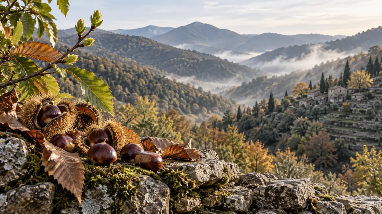 Paysage des Cévennes entre châtaigneraies, terrasses et vallées brumeuses